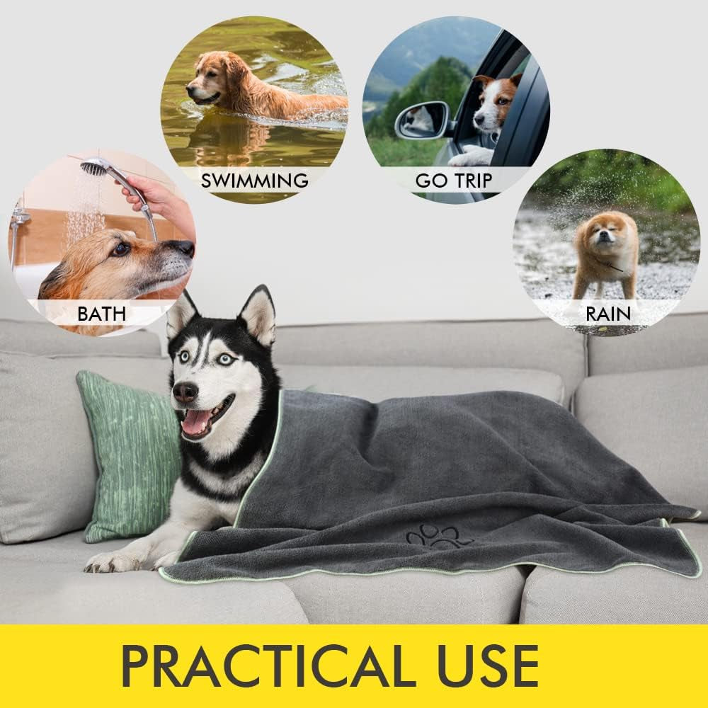 Super Absorbent Microfiber Dog Drying Towel - Soft Pet Bath Towel for Dogs with Embroidered Paw Print, 30" x 50", Gray