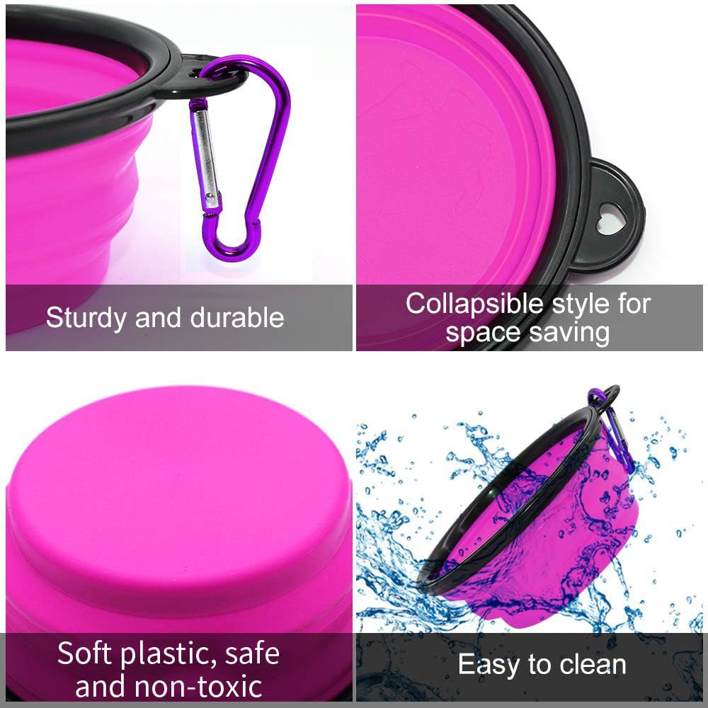 Dog Bowl Pet Collapsible Bowls, 2 Pack Collapsible Dog Water Bowls for Cats Dogs, Portable Pet Feeding Watering Dish for Walking Parking Traveling with 2 Carabiners (Small, Green+Purple)