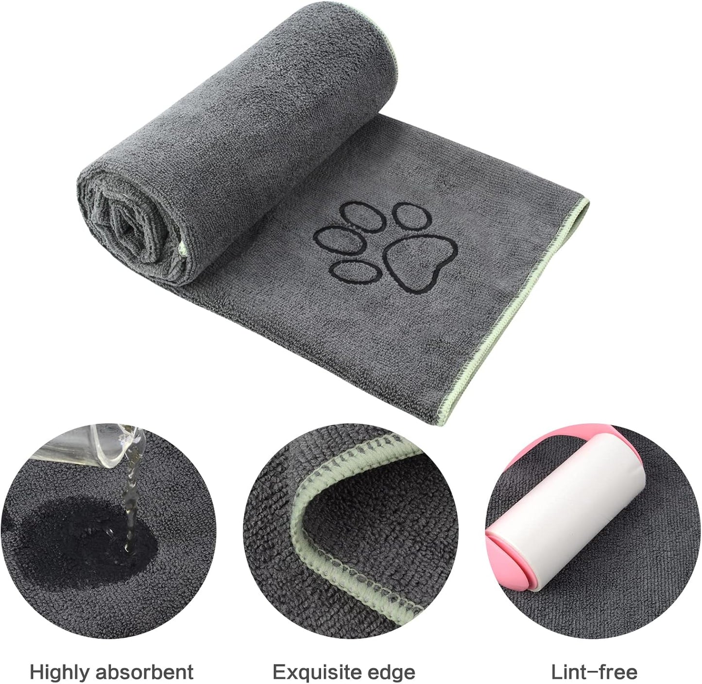 Super Absorbent Microfiber Dog Drying Towel - Soft Pet Bath Towel for Dogs with Embroidered Paw Print, 30" x 50", Gray