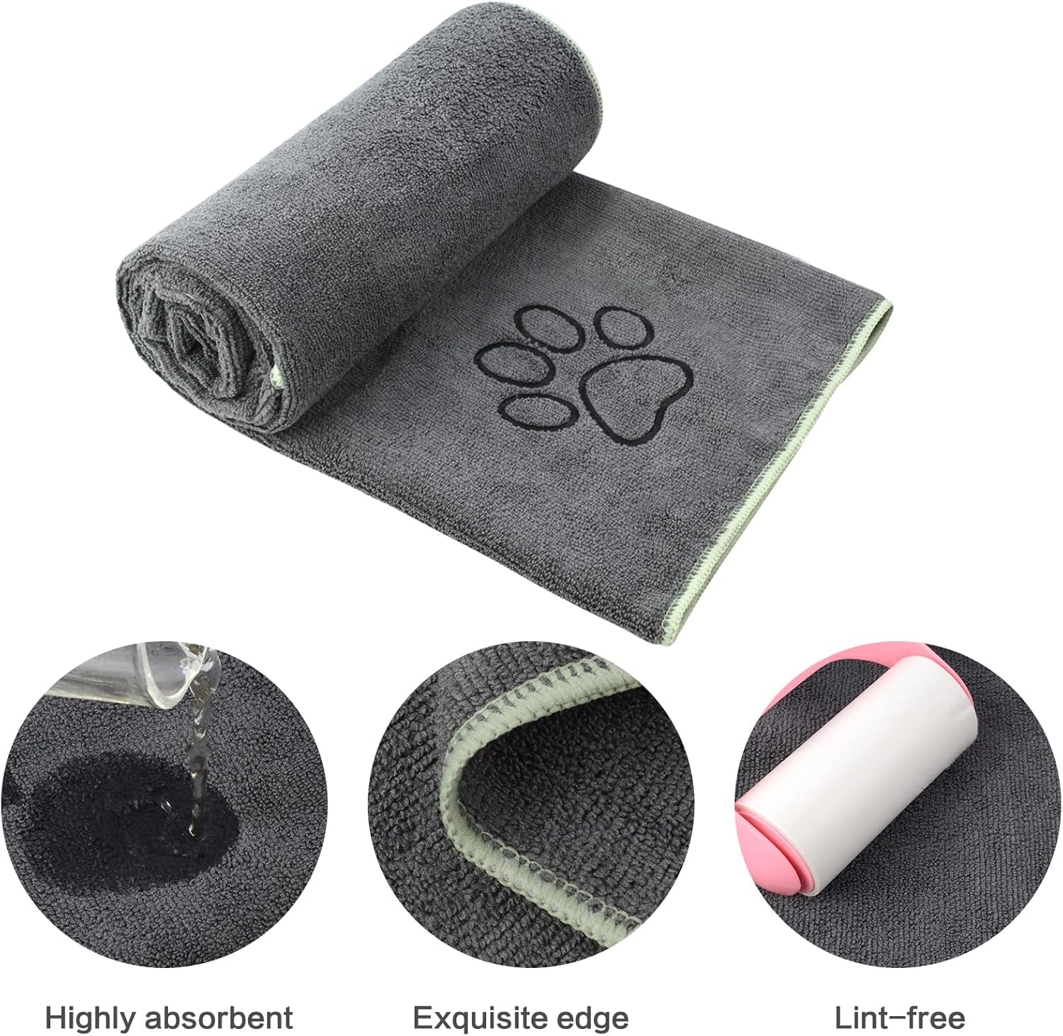 Super Absorbent Microfiber Dog Drying Towel - Soft Pet Bath Towel for Dogs with Embroidered Paw Print, 30" x 50", Gray
