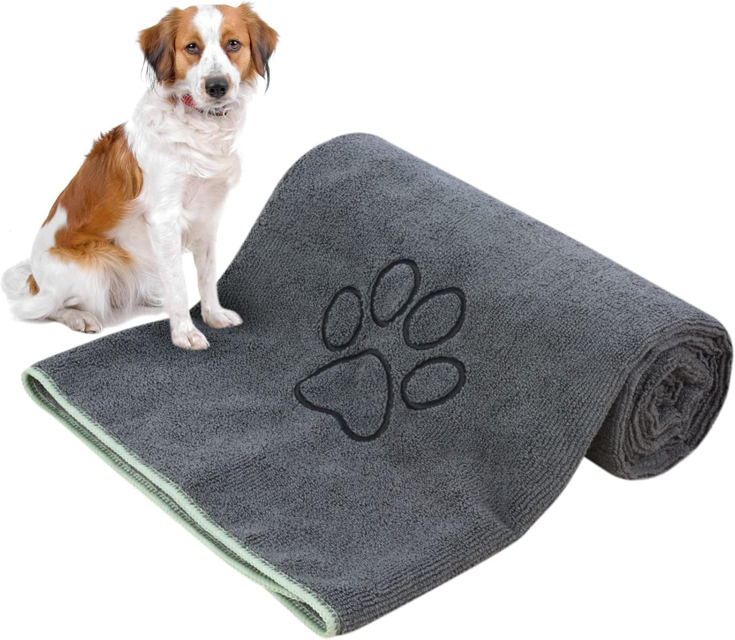 Super Absorbent Microfiber Dog Drying Towel - Soft Pet Bath Towel for Dogs with Embroidered Paw Print, 30" x 50", Gray