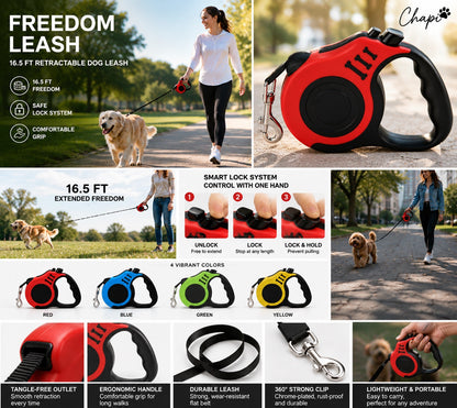 Chapi Freedom Leash product feature collage showing 16.5 ft length, smart lock control, ergonomic handle, four colors, and everyday dog walking use