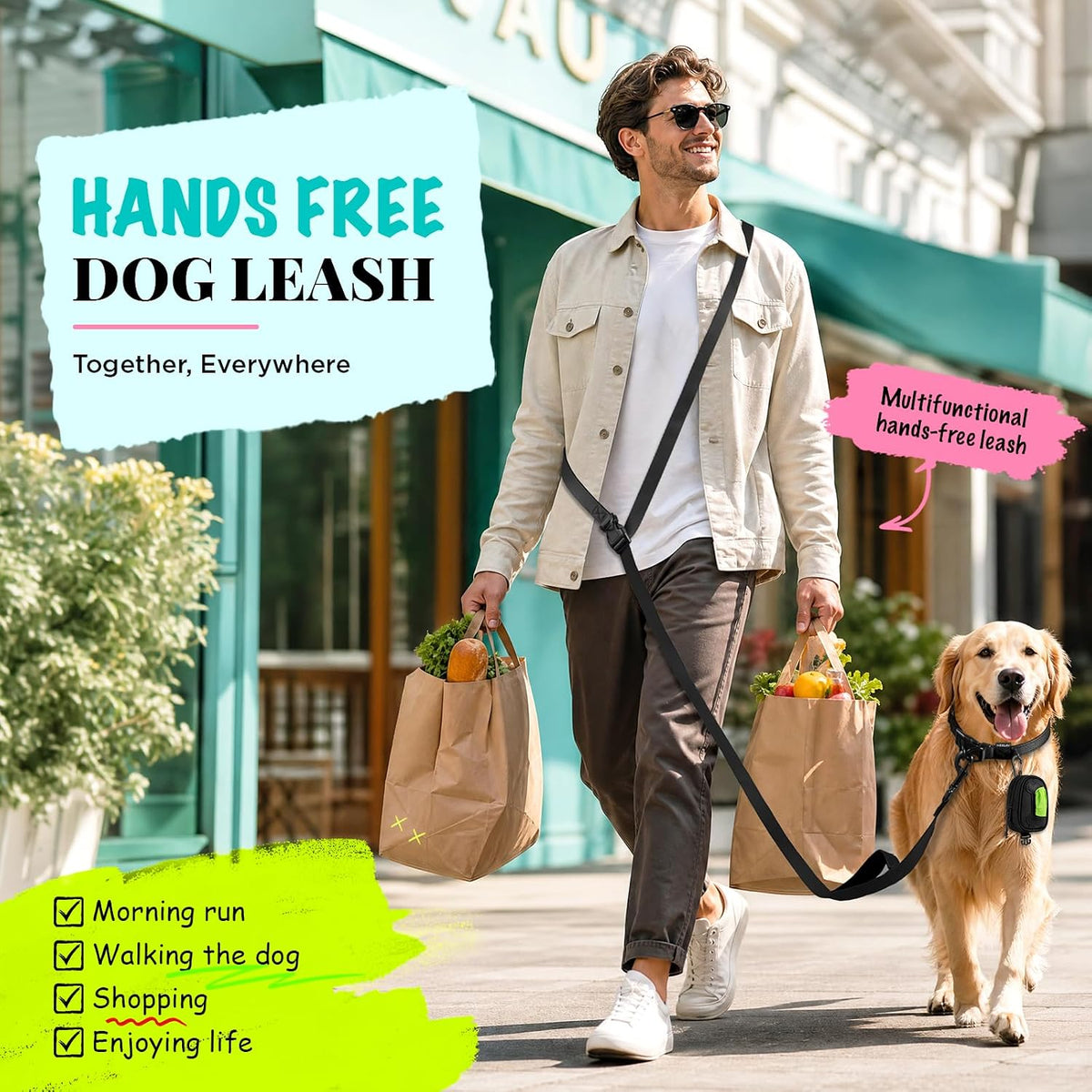 Hands Free Dog Leash, 5.9-8.2Ft Multifunctional Crossbody Rope with Explosion-Proof Handle and Adjustable Training Hands Free Leash for Medium Dog Walking Jogging and Running