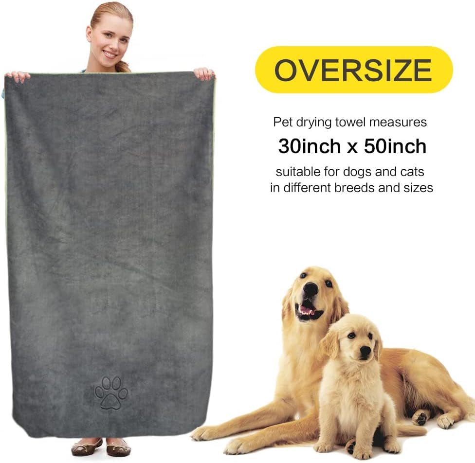Super Absorbent Microfiber Dog Drying Towel - Soft Pet Bath Towel for Dogs with Embroidered Paw Print, 30" x 50", Gray